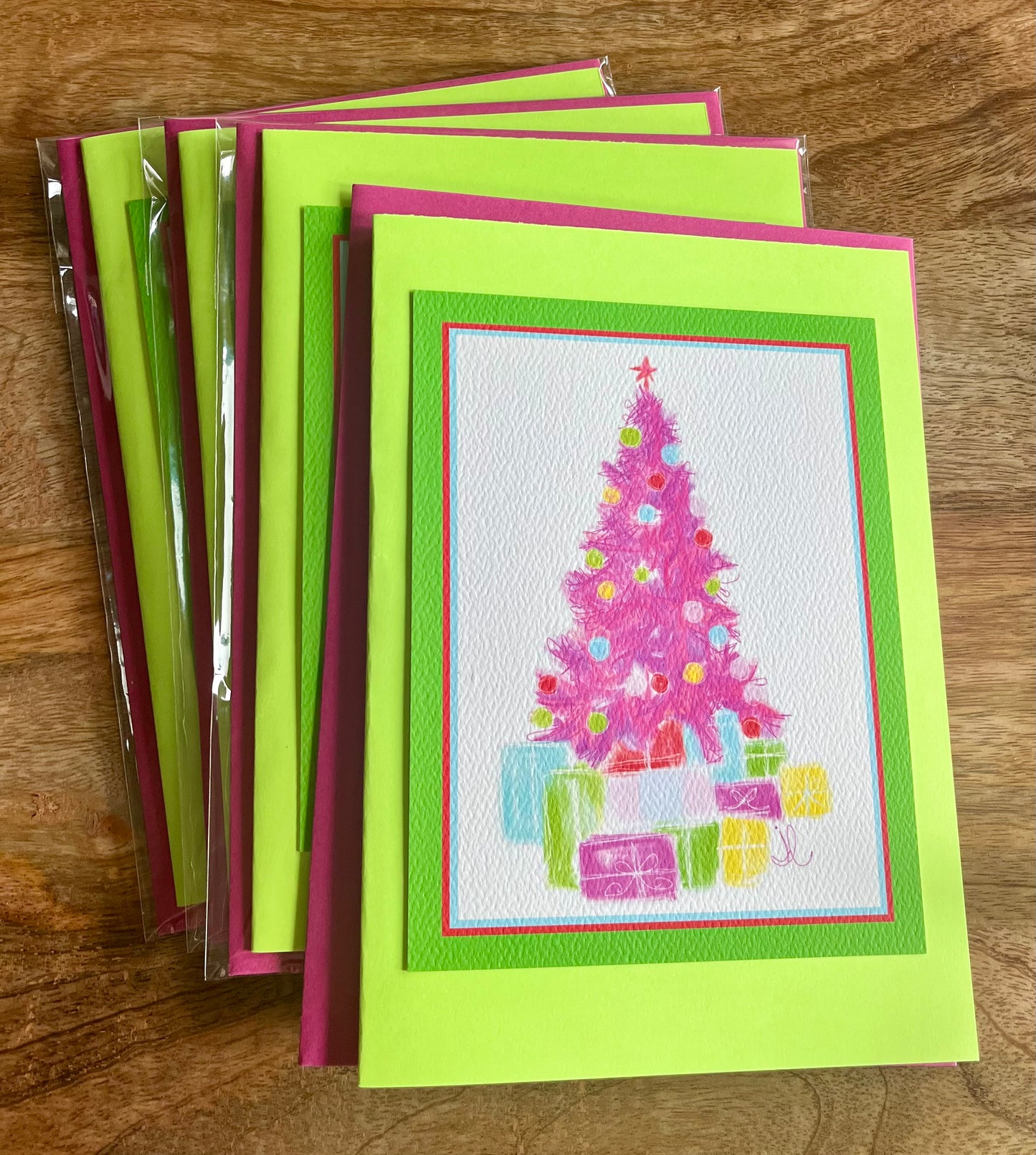 Individual Card Lg Holiday - Pink Christmas Tree
